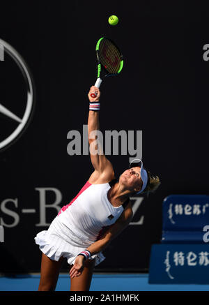 Beijing, China. 27th Sep, 2019. Kateryna Kozlova serves during the women's singles qualification round between Kateryna Kozlova of Ukraine and Gao Xinyu of China at 2019 WTA China Open tennis tournament in Beijing, capital of China, Sept. 27, 2019. Credit: Li Yibo/Xinhua/Alamy Live News Stock Photo