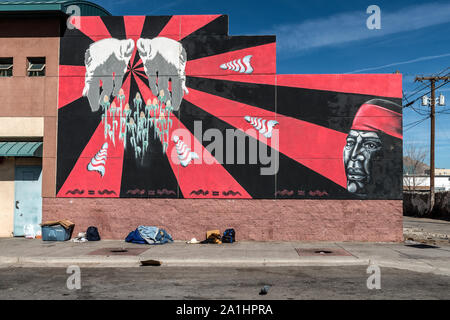 In downtown El Paso, Texas looking up at the Plaza Theater overhang on ...