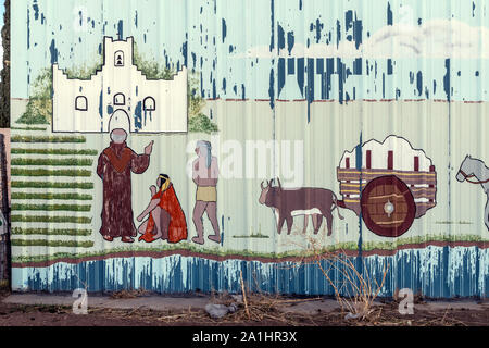 Mural on a metal building across from the Nuestra Senora de la Concepcion del Socorro, or Socorro Mission, El Paso, Texas Stock Photo