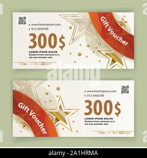 Voucher temolate with gold stars, red design arc. Value 300 dollars for department stores, business, holidays Stock Vector