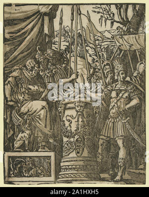 A depiction of the Roman figure Mucius Scaevola, who famously attempted ...