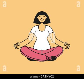 Happy girl sitting in lotus pose. Yoga, fitness concept. Cartoon vector illustration Stock Vector