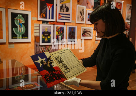 London UK 27 September 2019 Designed in Cuba: Cold War Graphics' from Cuba's ‘golden age'. (until 19 January 2020) at The House of Illustrations, King Cross, bring together work distributed across the globe by OSPAAAL: Fidel Castro's Organisation of Solidarity of the People of Asia, Africa and Latin America, an organisation founded to promote cooperation between socialist countries and liberation movements.From 1966 until 2019, OSPAAL's designers in Havana produced hundreds of posters and magazines that expressed solidarity with the U.S.A. Credit: Paul Quezada-Neiman/17�Թ����� Live News Stock Photo