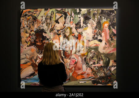 London Sotheby's, London, UK. 27 Sept 2019 - A staff member view Cecily Brown's artwork titled 'The Year of the Scavenger' Est £1,000,000 - £1,500,000 during the preview of SothebyÕs Frieze Week Contemporary Art Sale. The auction will take place on 3rd October 2019.  Credit: Dinendra Haria/Alamy Live News Stock Photo