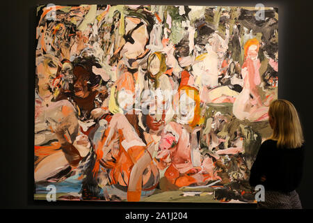 London Sotheby's, London, UK. 27 Sept 2019 - A staff member view Cecily Brown's artwork titled 'The Year of the Scavenger' Est £1,000,000 - £1,500,000 during the preview of SothebyÕs Frieze Week Contemporary Art Sale. The auction will take place on 3rd October 2019.  Credit: Dinendra Haria/Alamy Live News Stock Photo