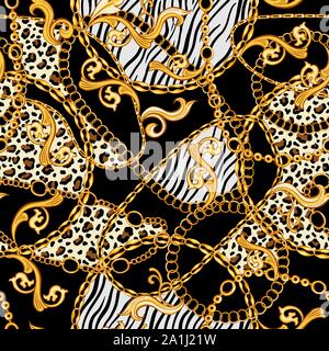 Golden Chains, Baroque Ornaments mixed with Tiger and Zebra Animals Patterns. Seamless pattern with black background. The Eighties stylized fashion Stock Vector