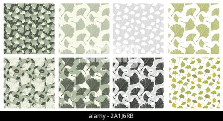 Japanese Patterns Collection with Gingko Biloba Plant Leaves. Vector Botanical, Healthy Textures Pack for Print Design and Fabric Textile, Scrapbook. Pale Sage Color and Ivory Background. Large Scale Stock Vector