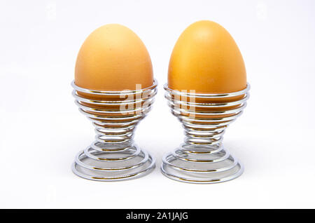 Boiled eggs in egg cups on a white background. Stock Photo