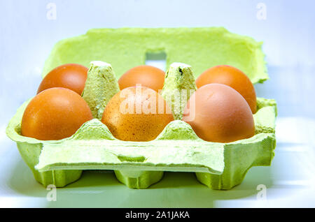 Half a dozen eggs in a paper egg box. Stock Photo