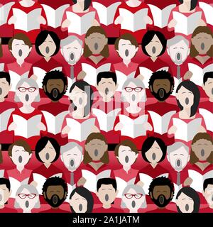 diverse group of adults singing christmas carols in a multicultural choir. Seamless repeat background pattern Stock Vector