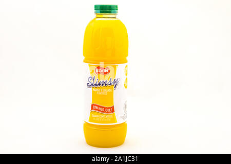 Alberton, South Africa - a bottle of Elvin Slimsy mango and orange squash concentrate isolated on a clear background image with copy space Stock Photo