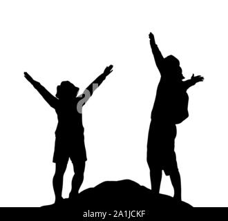 Silhouette of happy couple stand together on peak of mountain with hands raised up vector Stock Vector