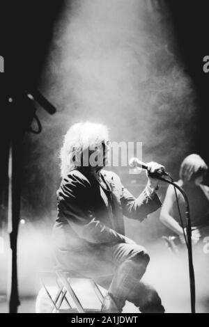 Saint-Malo (Brittany, north-western France). 2016/06/04. Singer Christophe in concert at “La Nouvelle Vague”. Portrait, seated Stock Photo