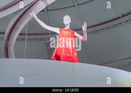 Mary Quant Exhibition Victoria & Albert Museum London UK female mannequin in red dress Stock Photo