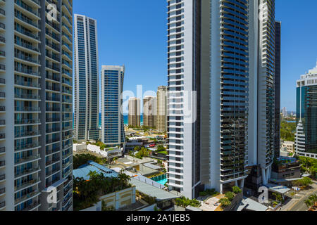 Surfers Paradise highrise buildings including Chevron Renaissance, Hilton Hotel and Mantra Circle on Cavill on the Gold Coast of Queensland, Australia Stock Photo