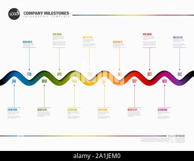Full year timeline template with all months on a horizontal rainbow curved time line Stock Vector