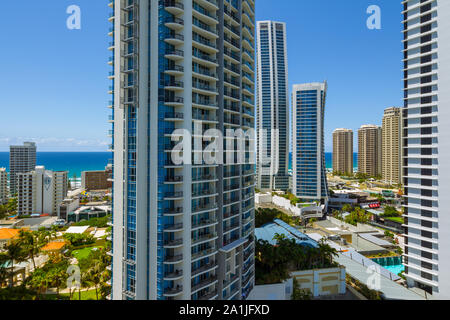 Surfers Paradise highrise buildings including Chevron Renaissance, Hilton Hotel and Mantra Circle on Cavill on the Gold Coast of Queensland, Australia Stock Photo
