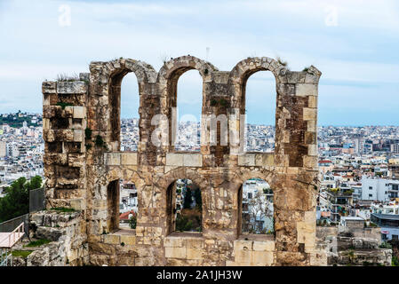 Overview of the amphitheater called Odeon of Herodes Atticus (Herodeion or Herodion ) in the Acropolis of Athens, Greece Stock Photo