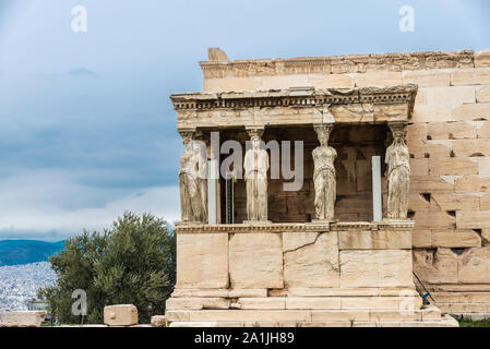 View of the Porch of the Caryatids on the Erectheion temple of the Acropolis of Athens, Greece Stock Photo