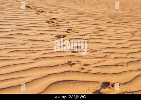 Footprints in the sand in the red desert at Sunrise Stock Photo