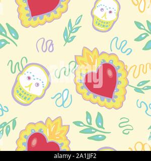 Seamless vector day of the dead folk art pattern with burning red heart and shugar scull in pastel tones. Funny and happy design for your perfect party. Stock Vector