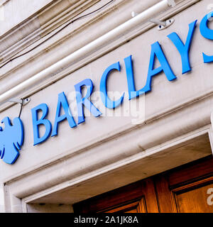 Cose up of Barclays Bank, Retail High Street Banking  Signage On A Building Exterior Stock Photo