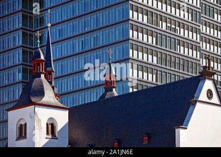 Alt St. Heribert Church in front of Lanxess AG Headquarters, Cologne, Rhineland, North Rhine-Westphalia, Germany Stock Photo