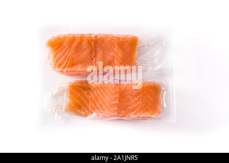 Salmon packaged in plastic isolated on white background Stock Photo