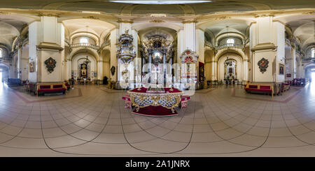 360 degree panoramic view of LVIV, UKRAINE - AUGUST 2019: Full spherical seamless hdri panorama 360 degrees inside interior of old gothic uniate of St. George Cathedral in equirec