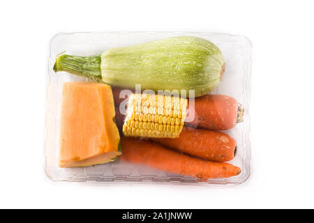 Various vegetables packaged plastic isolated on white background Stock Photo