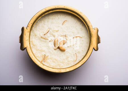 Rice Kheer or Firni or Chawal ki Khir is a pudding from Indian subcontinent, made by boiling milk ,sugar and Rice. Served in a bowl Stock Photo