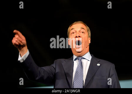 Nigel Farage MEP, party leader, speaking at a Brexit Party rally at the Kent Event Centre in Maidstone, Kent, UK. 26th September 2019. Stock Photo