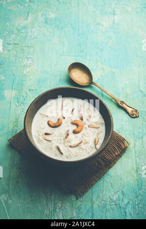 Rice Kheer or Firni or Chawal ki Khir is a pudding from Indian subcontinent, made by boiling milk ,sugar and Rice. Served in a bowl Stock Photo