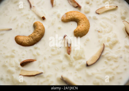 Rice Kheer or Firni or Chawal ki Khir is a pudding from Indian subcontinent, made by boiling milk ,sugar and Rice. Served in a bowl Stock Photo