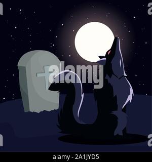 angry wolf howling in cemetery scene vector illustration design Stock Vector