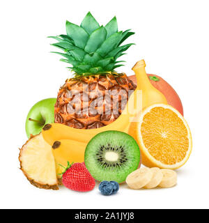 Isolated fruits. Pineapple, oranges and bananas on white background. Stock Photo