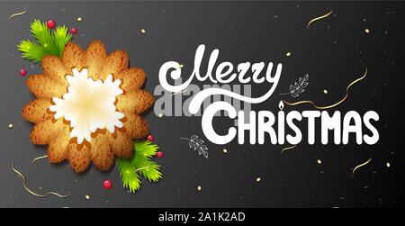 Horizontal postcard on a black background with christmas cookies and hand-written lettering merry christmas text Stock Vector