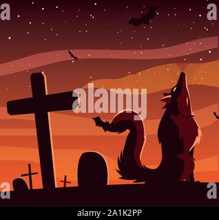 angry wolf howling in cemetery scene vector illustration design Stock Vector