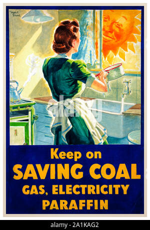 British, WW2, Fuel Economy poster, Keep on saving coal, (housewife at kitchen sink),1939-1946 Stock Photo
