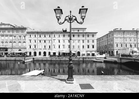 JULY 22, 2019 - TRIESTE, ITALY - Canal Grande, the Grand Canal, is a navigable canal that crosses the historical center of Trieste and reaches the sea Stock Photo