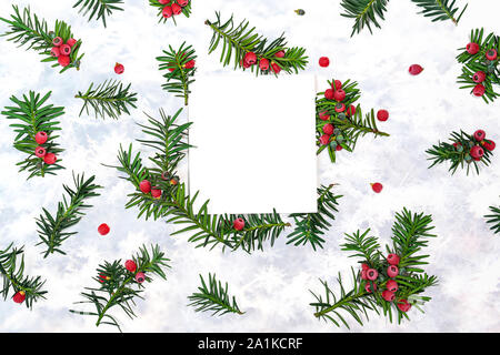 Christmas pattern of fir branches with red berries background with snowflakes and note, isolated. December, winter composition. Flat lay, top view. Sp Stock Photo