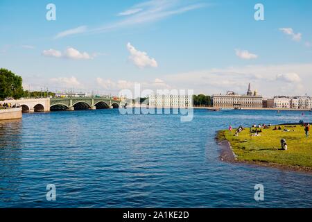 St. Petersburg, Russia - July 7, 2019: View on Trinity Bridge - Troitsky Bridge on river Neva Stock Photo