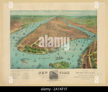 New York: a birdseye view from the harbor, showing Manhattan Island in its surroundings, with various points of interest in the city and the location of Rogers, Peet & Co.'s building, the exact center of the clothing trade in New York City Stock Photo