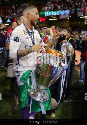 Sergio Ramos of Real Madrid with the UEFA Champions League Trophy