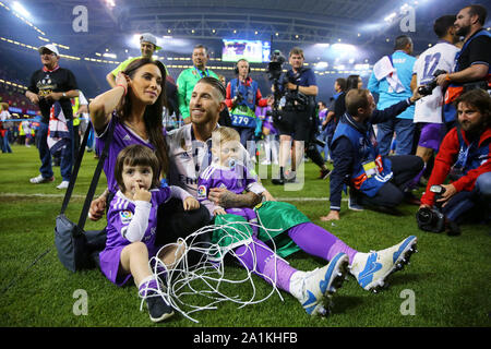 Sergio Ramos with his wife, Pilar Rubio and children - Juventus v Real Madrid, UEFA Champions League Final, National Stadium of Wales, Cardiff - 3rd June 2017. Stock Photo