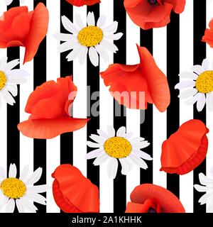 Poppy and chamomile flowers Seamless pattern on striped black and white background. Vector illustration. Papaveroideae. cards invitation decoration Stock Vector