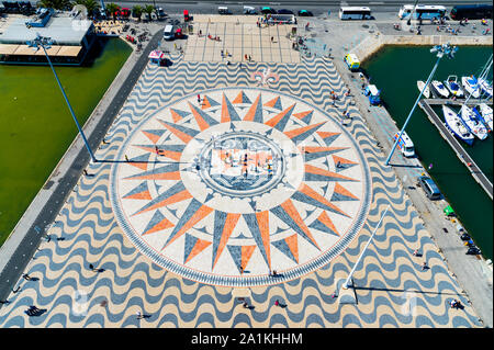 Pavement on the Tagus riverbank in front of the Padrao dos Descobrimentos, Compass rose and world map, Belem, Lisbon, Portugal Stock Photo