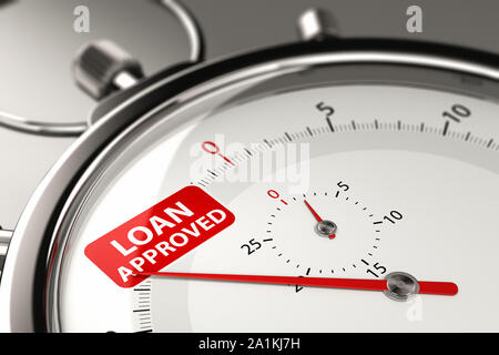 3D illustration of chronometer with needle pointing the text loan approved. Quick approval concept Stock Photo