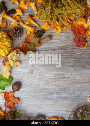 Still Life of a Variety of Fall Nature Items in wooden table with copy space, autumn concept Stock Photo