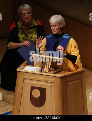Judy Murray gives a speech as she receives her honorary degree from the Open University at the Royal Concert Hall, Glasgow. PA Photo. Picture date: Friday September 27, 2019. See PA story SCOTLAND Murray. Photo credit should read: Andrew Milligan/PA Wire